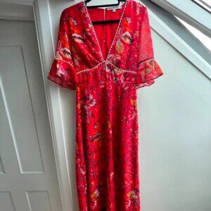 Hope & Ivy Plunge Front Maxi Dress, Fluted Sleeve in Red Floral-Print - Size 4